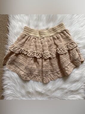 Aerie Crochet Lace Tiered Ruffle Mini Skirt Beige Medium